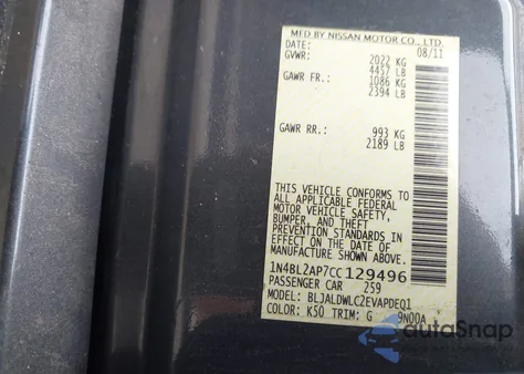 2012 Nissan Altima 3.5 Sr z USA, uszkodzony, nr VIN 1N4BL2AP7CC129496